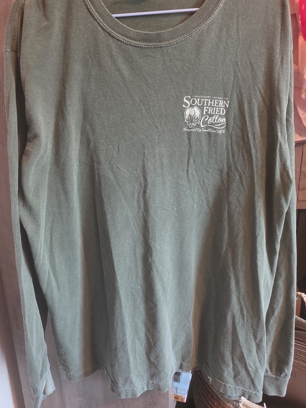 Southern Fried Cotton Olive Green Long Sleeve Tee with Chest Logo